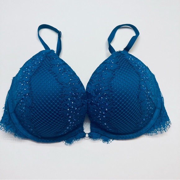 Victoria's Secret Other - Victoria's Secret Bombshell Plunge Super Push Up Bra 32D add 2 Cups Teal Bling
